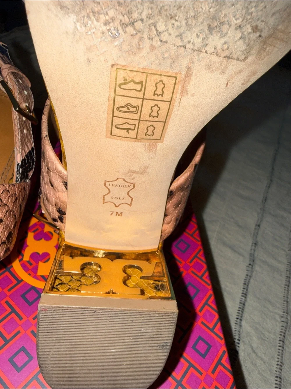 Tory Burch Pink, Yellow & Black Python-Print Block Heel Sandals EUC